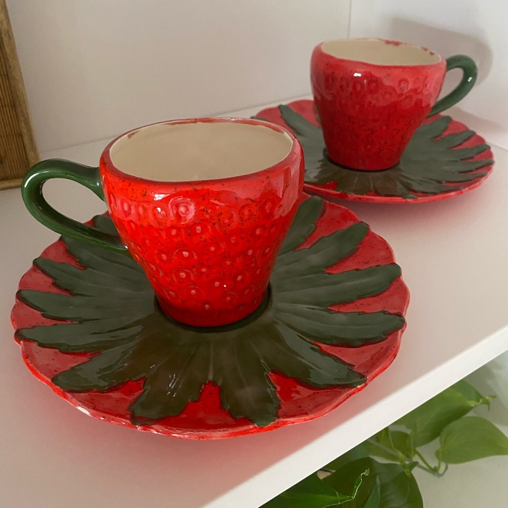 Handmade Strawberry Mugs and Saucers (set of 2) - Picture 3 of 5